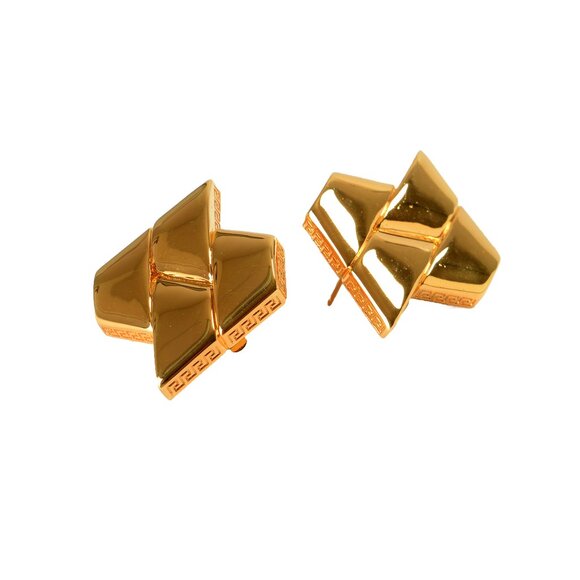 Versace Gold Color Metal Logo Print Earrings - Picture 1 of 6